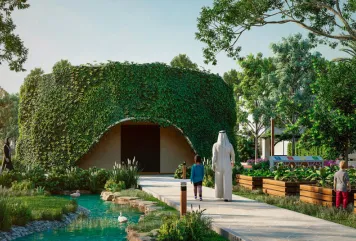 Sustainable green home in Sharjah, UAE featuring eco-friendly architecture and a landscaped community.