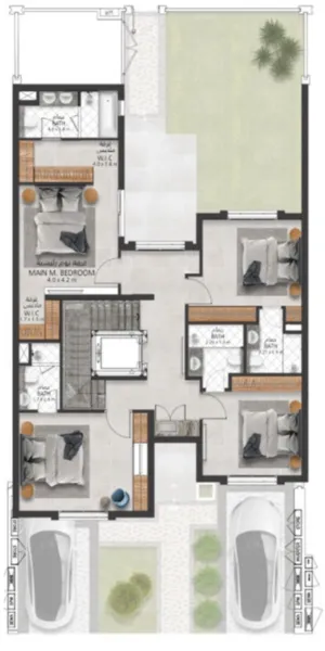Second floor layout of homes for sale in Sharjah, UAE featuring multiple bedrooms, en-suite bathrooms, and walk-in closets.