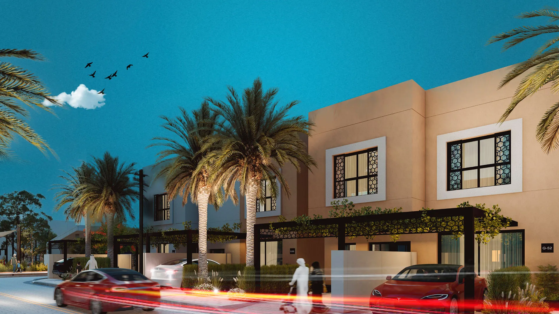 Homes for sale in Sharjah, UAE featuring a modern sustainable community with stream and bridge.