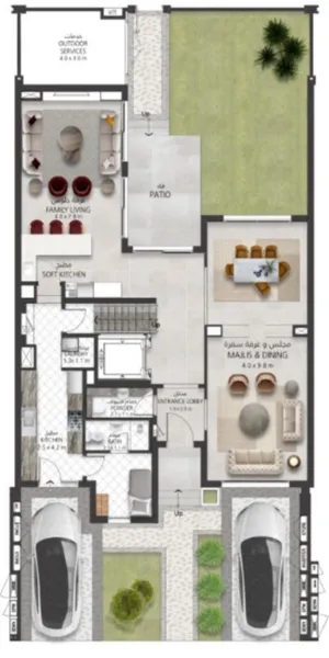 Floor plan of a modern house and lot for sale in Sharjah, UAE with garage, majlis, dining, kitchen, and patio.