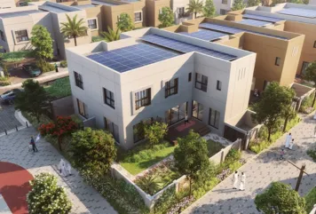 Modern villa with solar panels in Sharjah, UAE, within a sustainable house and lot community for sale